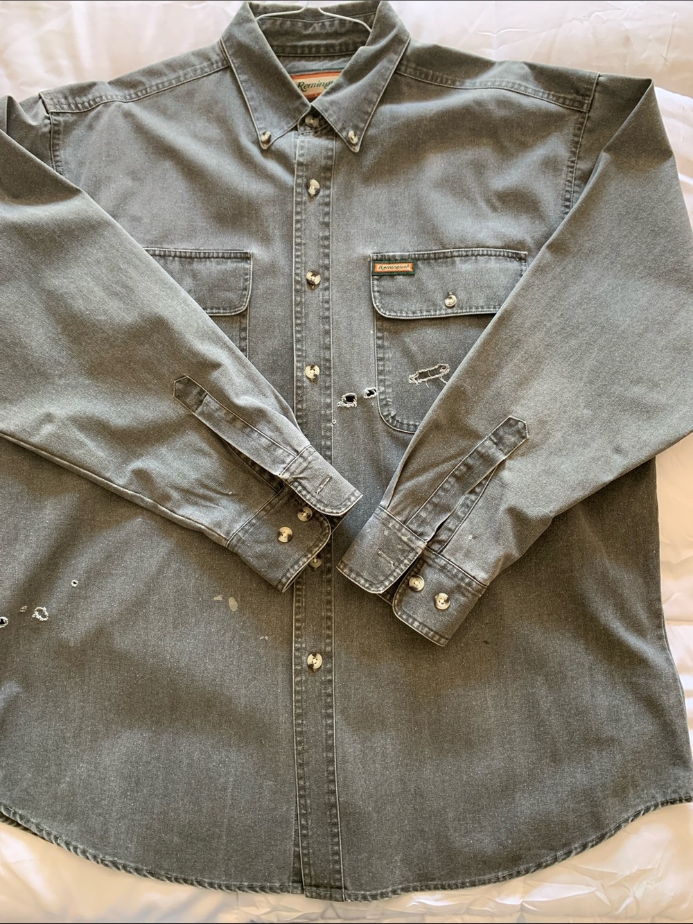 Remington Vintage Faded Grey Denim Button-Front Work Shirt Men’s L or XL